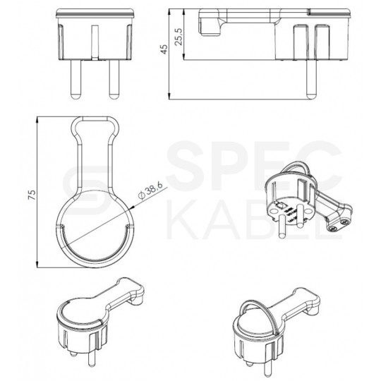 Wtyczka płaska kątowa z uchwytem [2P+Z] Uni-Schuko 230V 16A czarna WT-16UP na kabel