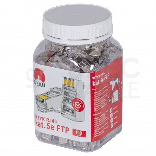 Wtyk modularny RJ45 8P8C kat.5e ekranowany FTP uniwersalny drut linka NEKU opakowanie SŁOIK 100szt.