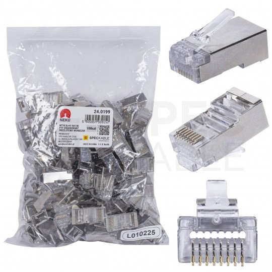 Wtyk modularny RJ45 8P8C kat.5e ekranowany FTP uniwersalny drut linka przelotowy NEKU opakowanie WORECZEK 100szt.