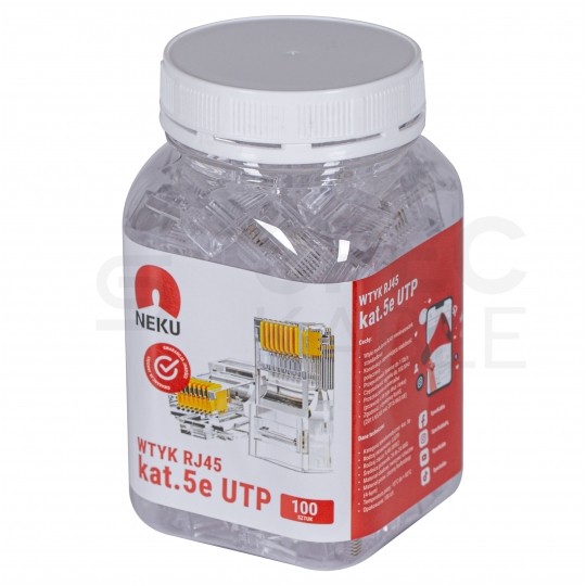 Wtyk modularny RJ45 8P8C kat.5e nieekranowany UTP uniwersalny drut linka NEKU opakowanie SŁOIK 100szt.