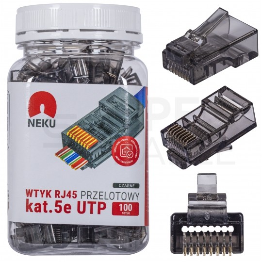 Wtyk modularny RJ45 8P8C kat.5e nieekranowany UTP uniwersalny drut linka przelotowy czarny NEKU opakowanie SŁOIK 100szt.