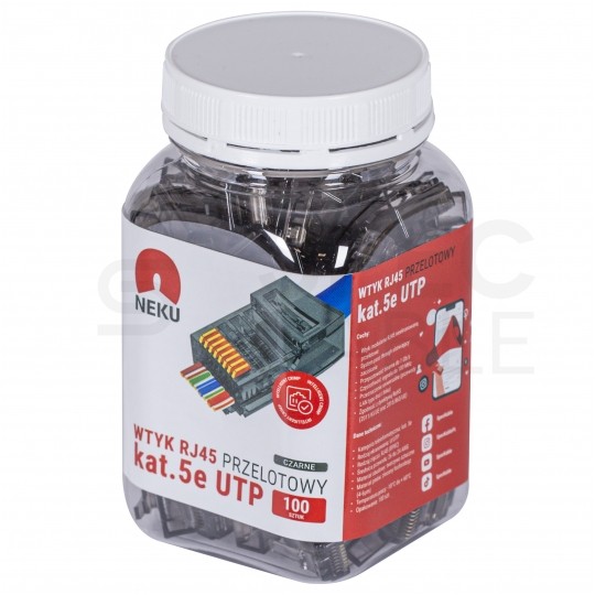 Wtyk modularny RJ45 8P8C kat.5e nieekranowany UTP uniwersalny drut linka przelotowy czarny NEKU opakowanie SŁOIK 100szt.