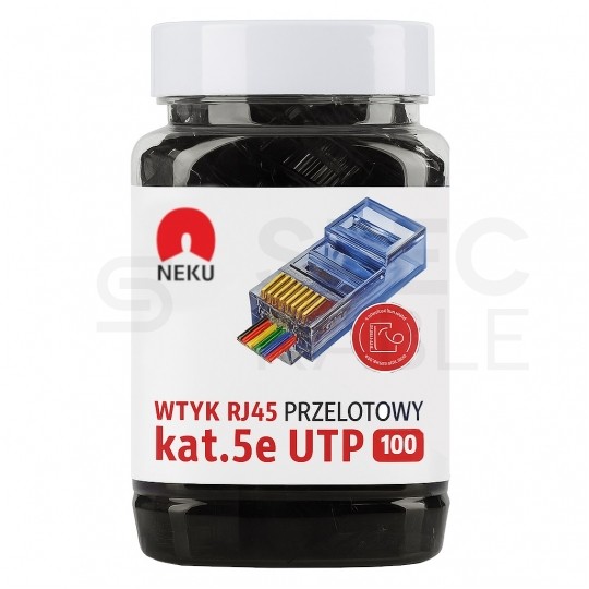 Wtyk modularny RJ45 8P8C kat.5e nieekranowany UTP uniwersalny drut linka przelotowy czarny NEKU opakowanie SŁOIK 100szt.