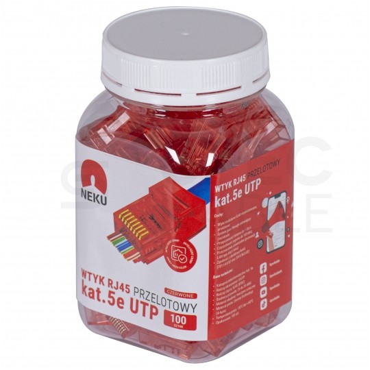Wtyk modularny RJ45 8P8C kat.5e nieekranowany UTP uniwersalny drut linka przelotowy czerwony NEKU opakowanie SŁOIK 100szt.
