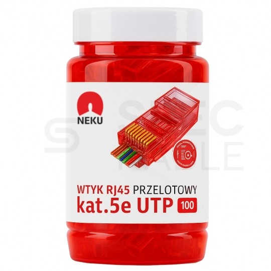 Wtyk modularny RJ45 8P8C kat.5e nieekranowany UTP uniwersalny drut linka przelotowy czerwony NEKU opakowanie SŁOIK 100szt.