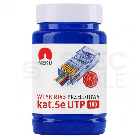 Wtyk modularny RJ45 8P8C kat.5e nieekranowany UTP uniwersalny drut linka przelotowy niebieski NEKU opakowanie SŁOIK 100szt.