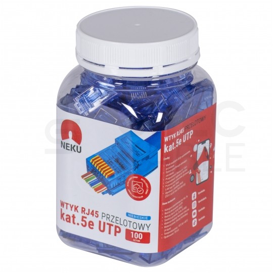 Wtyk modularny RJ45 8P8C kat.5e nieekranowany UTP uniwersalny drut linka przelotowy niebieski NEKU opakowanie SŁOIK 100szt.