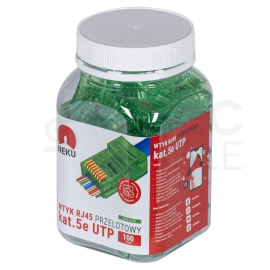 Wtyk modularny RJ45 8P8C kat.5e nieekranowany UTP uniwersalny drut linka przelotowy zielony NEKU opakowanie SŁOIK 100szt.