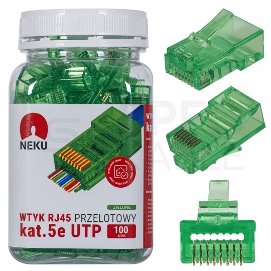 Wtyk modularny RJ45 8P8C kat.5e nieekranowany UTP uniwersalny drut linka przelotowy zielony NEKU opakowanie SŁOIK 100szt.