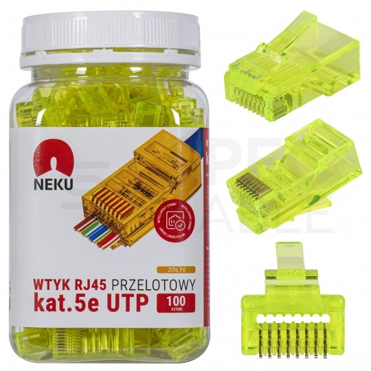 Wtyk modularny RJ45 8P8C kat.5e nieekranowany UTP uniwersalny drut linka przelotowy żółty NEKU opakowanie SŁOIK 100szt.