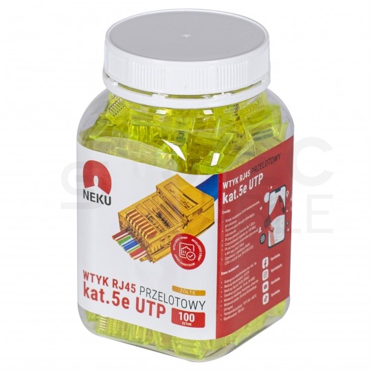 Wtyk modularny RJ45 8P8C kat.5e nieekranowany UTP uniwersalny drut linka przelotowy żółty NEKU opakowanie SŁOIK 100szt.