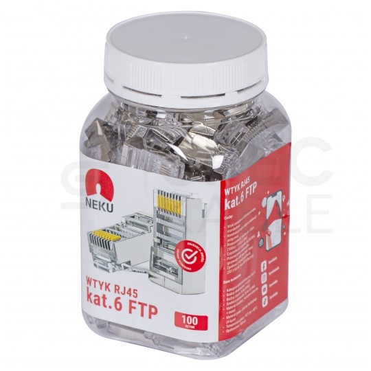 Wtyk modularny RJ45 8P8C kat.6 ekranowany FTP uniwersalny drut linka NEKU opakowanie SŁOIK 100szt.