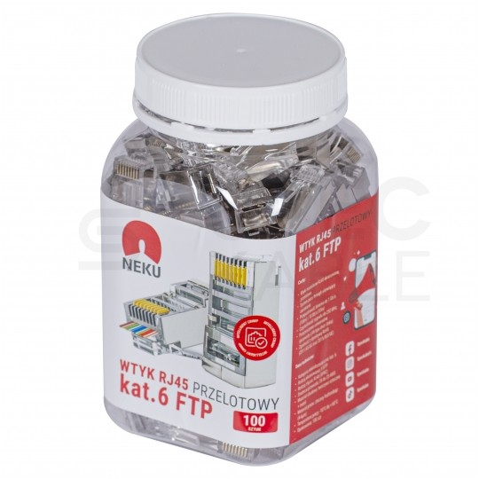 Wtyk modularny RJ45 8P8C kat.6 ekranowany FTP uniwersalny drut linka przelotowy NEKU opakowanie SŁOIK 100szt.