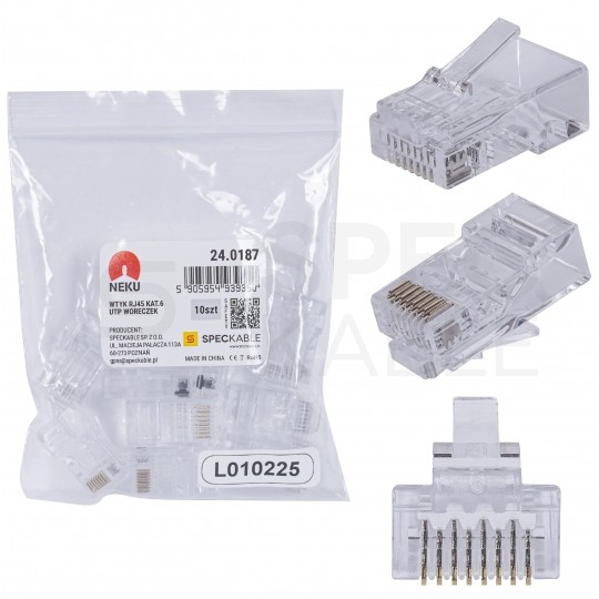 Wtyk modularny RJ45 8P8C kat.6 nieekranowany UTP uniwersalny drut linka NEKU opakowanie WORECZEK 10szt.