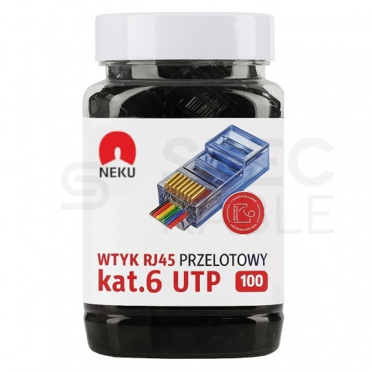 Wtyk modularny RJ45 8P8C kat.6 nieekranowany UTP uniwersalny drut linka przelotowy czarny NEKU opakowanie SŁOIK 100szt.