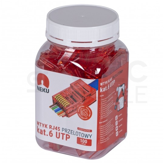 Wtyk modularny RJ45 8P8C kat.6 nieekranowany UTP uniwersalny drut linka przelotowy czerwony NEKU opakowanie SŁOIK 100szt.