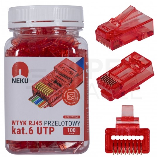 Wtyk modularny RJ45 8P8C kat.6 nieekranowany UTP uniwersalny drut linka przelotowy czerwony NEKU opakowanie SŁOIK 100szt.