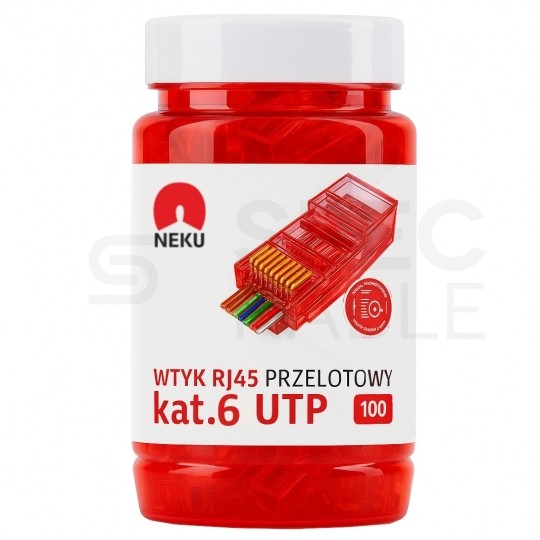 Wtyk modularny RJ45 8P8C kat.6 nieekranowany UTP uniwersalny drut linka przelotowy czerwony NEKU opakowanie SŁOIK 100szt.