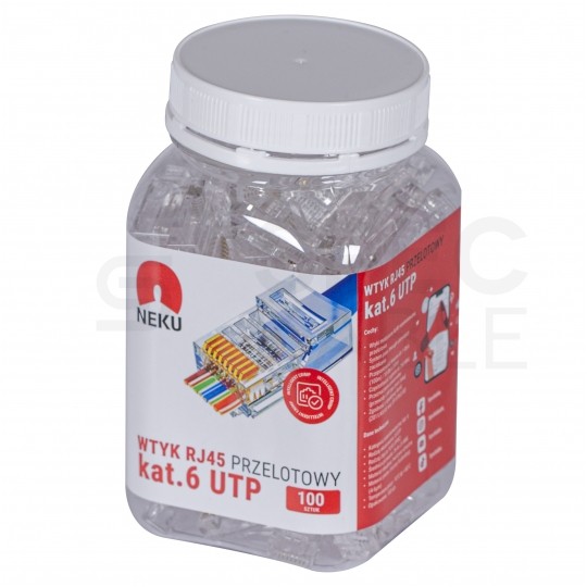 Wtyk modularny RJ45 8P8C kat.6 nieekranowany UTP uniwersalny drut linka przelotowy NEKU opakowanie SŁOIK 100szt.
