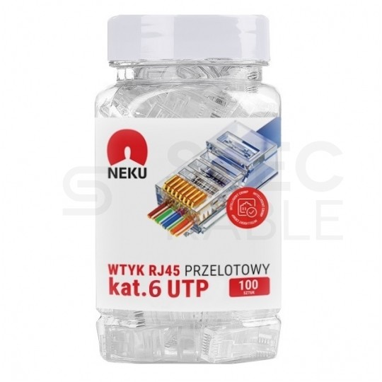 Wtyk modularny RJ45 8P8C kat.6 nieekranowany UTP uniwersalny drut linka przelotowy NEKU opakowanie SŁOIK 100szt.