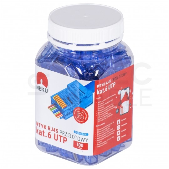 Wtyk modularny RJ45 8P8C kat.6 nieekranowany UTP uniwersalny drut linka przelotowy niebieski NEKU opakowanie SŁOIK 100szt.
