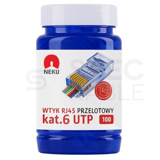 Wtyk modularny RJ45 8P8C kat.6 nieekranowany UTP uniwersalny drut linka przelotowy niebieski NEKU opakowanie SŁOIK 100szt.