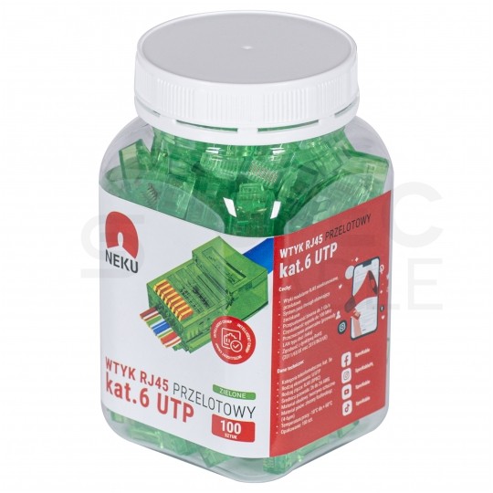 Wtyk modularny RJ45 8P8C kat.6 nieekranowany UTP uniwersalny drut linka przelotowy zielony NEKU opakowanie SŁOIK 100szt.