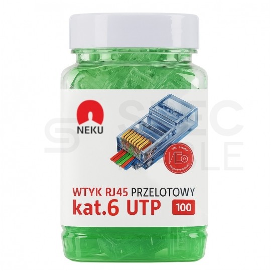 Wtyk modularny RJ45 8P8C kat.6 nieekranowany UTP uniwersalny drut linka przelotowy zielony NEKU opakowanie SŁOIK 100szt.