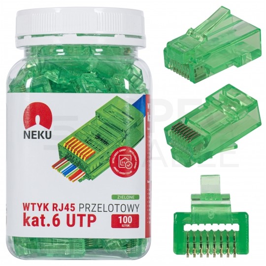 Wtyk modularny RJ45 8P8C kat.6 nieekranowany UTP uniwersalny drut linka przelotowy zielony NEKU opakowanie SŁOIK 100szt.