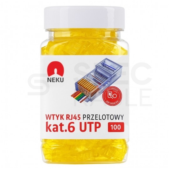 Wtyk modularny RJ45 8P8C kat.6 nieekranowany UTP uniwersalny drut linka przelotowy żółty NEKU opakowanie SŁOIK 100szt.