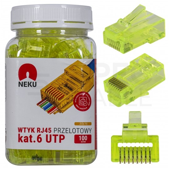Wtyk modularny RJ45 8P8C kat.6 nieekranowany UTP uniwersalny drut linka przelotowy żółty NEKU opakowanie SŁOIK 100szt.