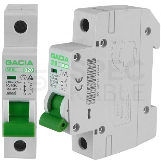 Wyłącznik nadprądowy S bezpiecznik 1-fazowy B20 (B 20A) 1-biegunowy 1P (230/400V AC) 1-modułowy SB6L GACIA