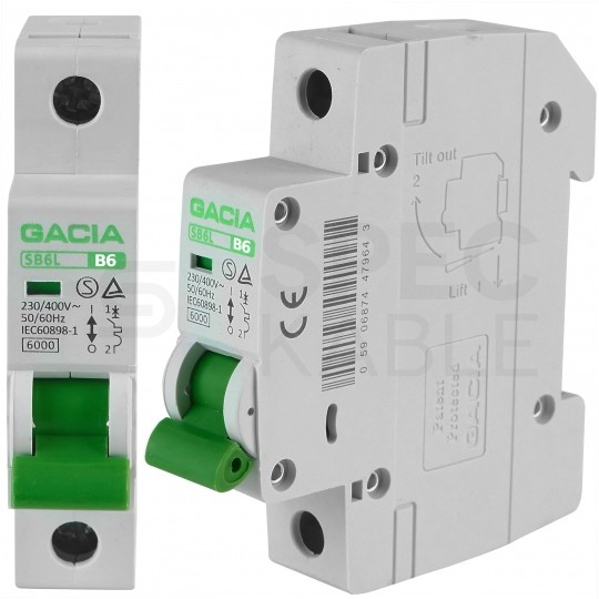 Wyłącznik nadprądowy S bezpiecznik 1-fazowy B6 (B 6A) 1-biegunowy 1P (230/400V AC) 1-modułowy SB6L GACIA