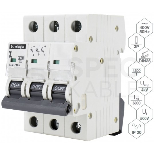 Wyłącznik nadprądowy S bezpiecznik 3-fazowy B20 (B 20A) 3-biegunowy 3P (400V AC) 3-modułowy Schelinger