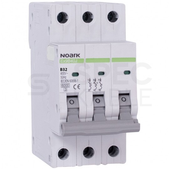 Wyłącznik nadprądowy S bezpiecznik 3-fazowy B32 (B 32A) 3-biegunowy 3P (400V AC) 2,25 modułu SLIM NOARK