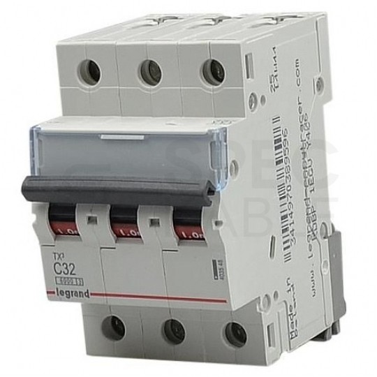 Wyłącznik nadprądowy S bezpiecznik 3-fazowy C32 (C 32A) 3-biegunowy 3P (400V AC) 3-modułowy TX3 Legrand