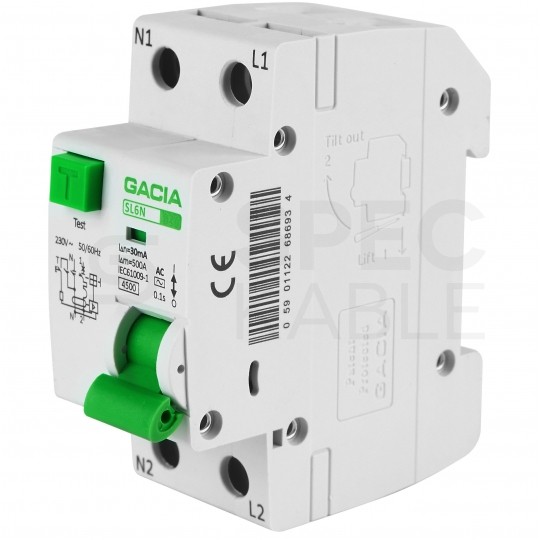 Wyłącznik różnicowo-nadprądowy RCBO 1-fazowy B10 (B 10A) + 30mA typ AC 2-biegunowy 2P (230V AC) 2-modułowy SL6N GACIA
