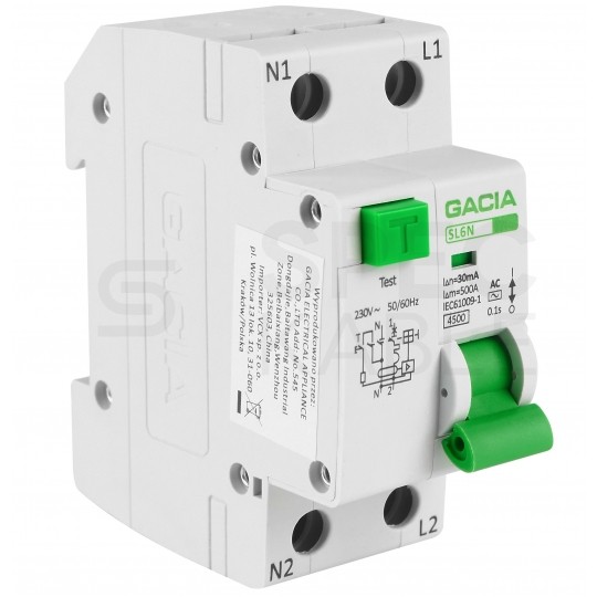 Wyłącznik różnicowo-nadprądowy RCBO 1-fazowy B16 (B 16A) + 30mA typ AC 2-biegunowy 2P (230V AC) 2-modułowy SL6N GACIA