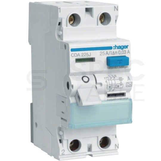 Wyłącznik różnicowoprądowy RCD 1-fazowy 25A 30mA typ A 2-biegunowy 2P (230V / 400V AC) 2-modułowy HAGER
