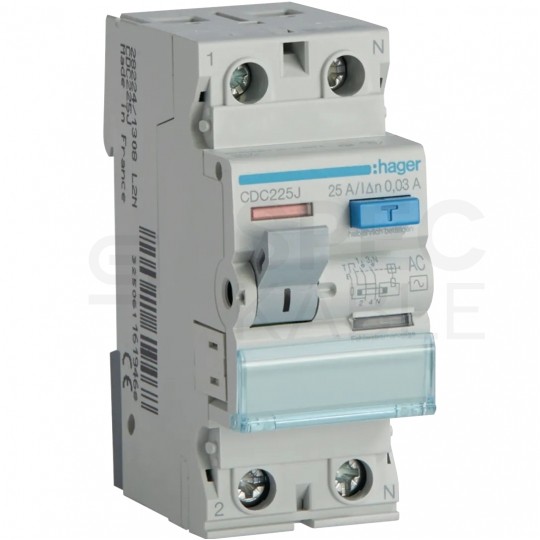 Wyłącznik różnicowoprądowy RCD 1-fazowy 25A 30mA typ AC 2-biegunowy 2P (230V / 400V AC) 2-modułowy HAGER