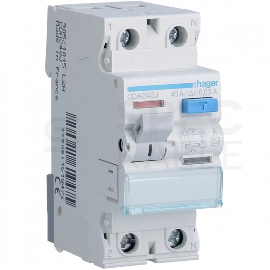Wyłącznik różnicowoprądowy RCD 1-fazowy 40A 30mA typ A 2-biegunowy 2P (230V / 400V AC) 2-modułowy HAGER