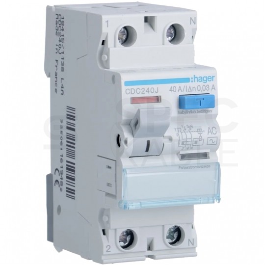 Wyłącznik różnicowoprądowy RCD 1-fazowy 40A 30mA typ AC 2-biegunowy 2P (230V / 400V AC) 2-modułowy HAGER