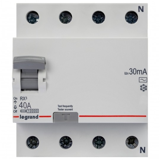 Wyłącznik różnicowoprądowy RCD 3-fazowy 40A 30mA typ AC 4-biegunowy 4P (400V AC) 4-modułowy RX3 Legrand