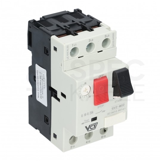 Wyłącznik silnikowy termiczny 0,16-0,25A 3-biegunowy 3P (230/400V AC) 3-modułowy GV-2 VCX