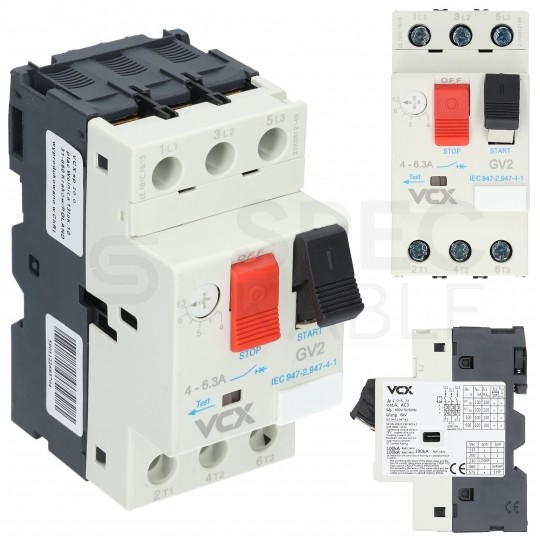 Wyłącznik silnikowy termiczny 4,0-6,3A 3-biegunowy 3P (230/400V AC) 3-modułowy GV-2 VCX
