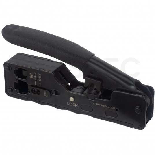 Zaciskarka przelotowych wtyków modularnych RJ45 (8p8c) i telefonicznych RJ12 (6p6c) RJ11 (6p4c) boczna z funkcją zaciskania ekranu NEKU HT-7088