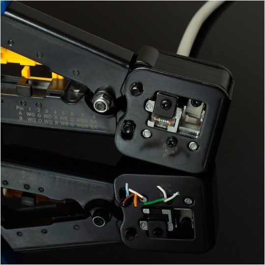 Zaciskarka przelotowych wtyków modularnych RJ45 (8p8c) i telefonicznych RJ12 (6p6c) RJ11 (6p4c) czołowa NEKU