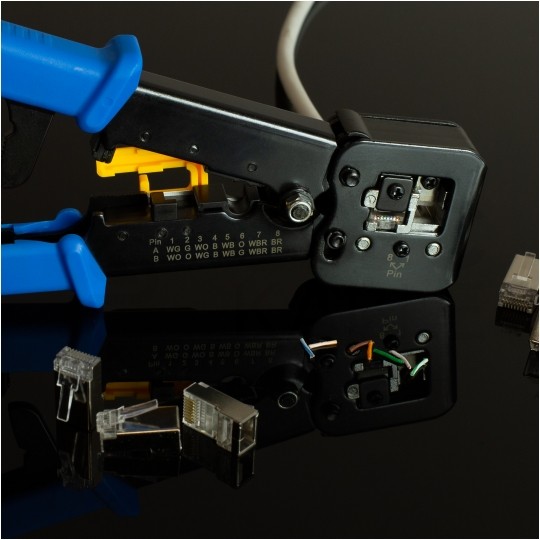 Zaciskarka przelotowych wtyków modularnych RJ45 (8p8c) i telefonicznych RJ12 (6p6c) RJ11 (6p4c) czołowa NEKU