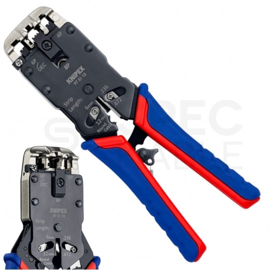 Zaciskarka wtyków modularnych RJ45 (8p8c) i telefonicznych RJ12 (6p6c) RJ11 (6p4c) oraz RJ10 (4p4c) czołowa KNIPEX 97 51 12