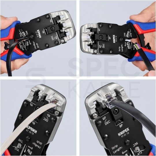 Zaciskarka wtyków modularnych RJ45 (8p8c) i telefonicznych RJ12 (6p6c) RJ11 (6p4c) oraz RJ10 (4p4c) czołowa KNIPEX 97 51 12